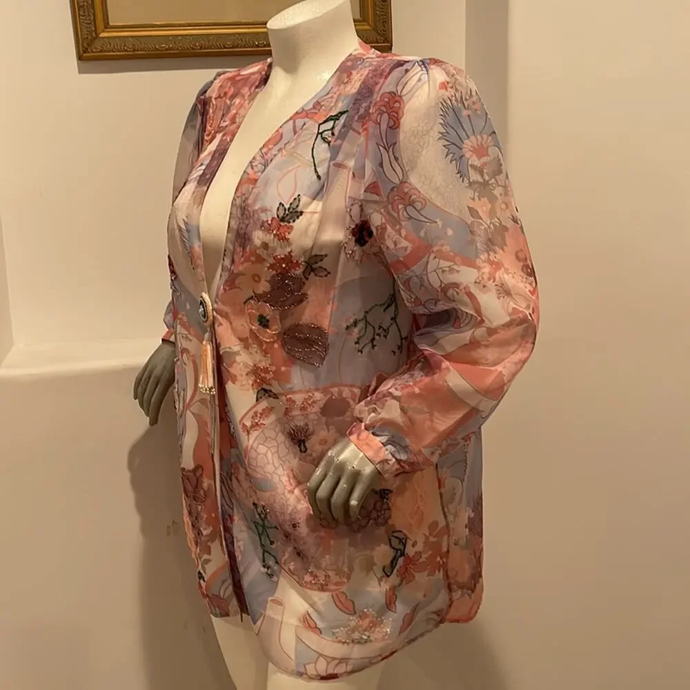 Diane Freis Original Sheer Floral Beaded Blouse Jacket Tassel Clasp Vintage